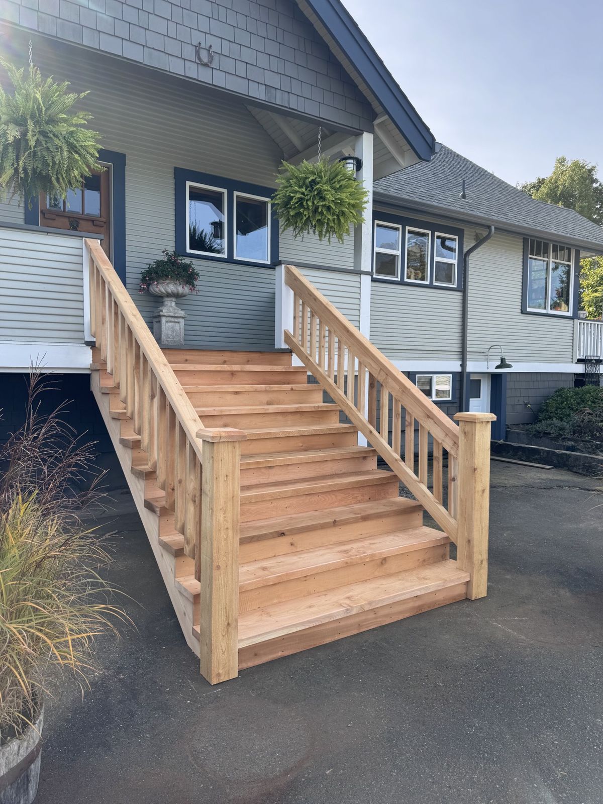 Cedar front steps with railing